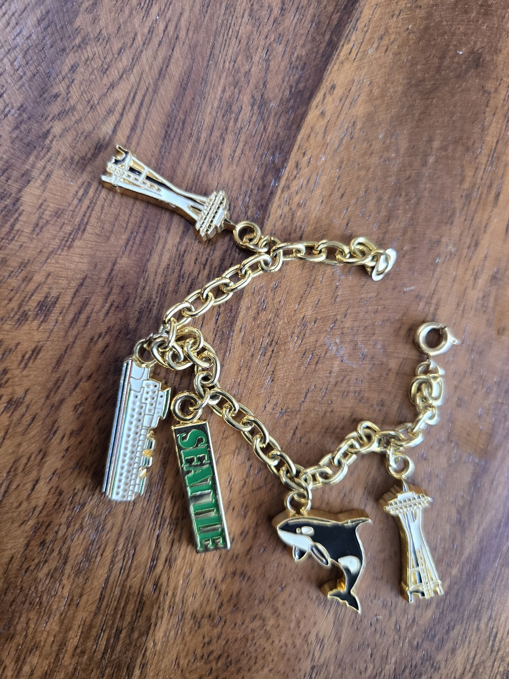 Vintage Gold-Tone Seattle Charm Bracelet with Black & Green Accents